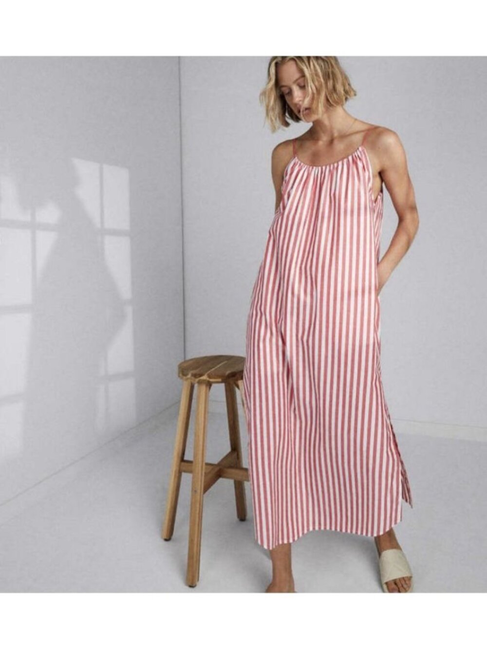 Quince Lunya Airy Cotton Dress Size XS Stripe Organic Gauze Tiered Maxi